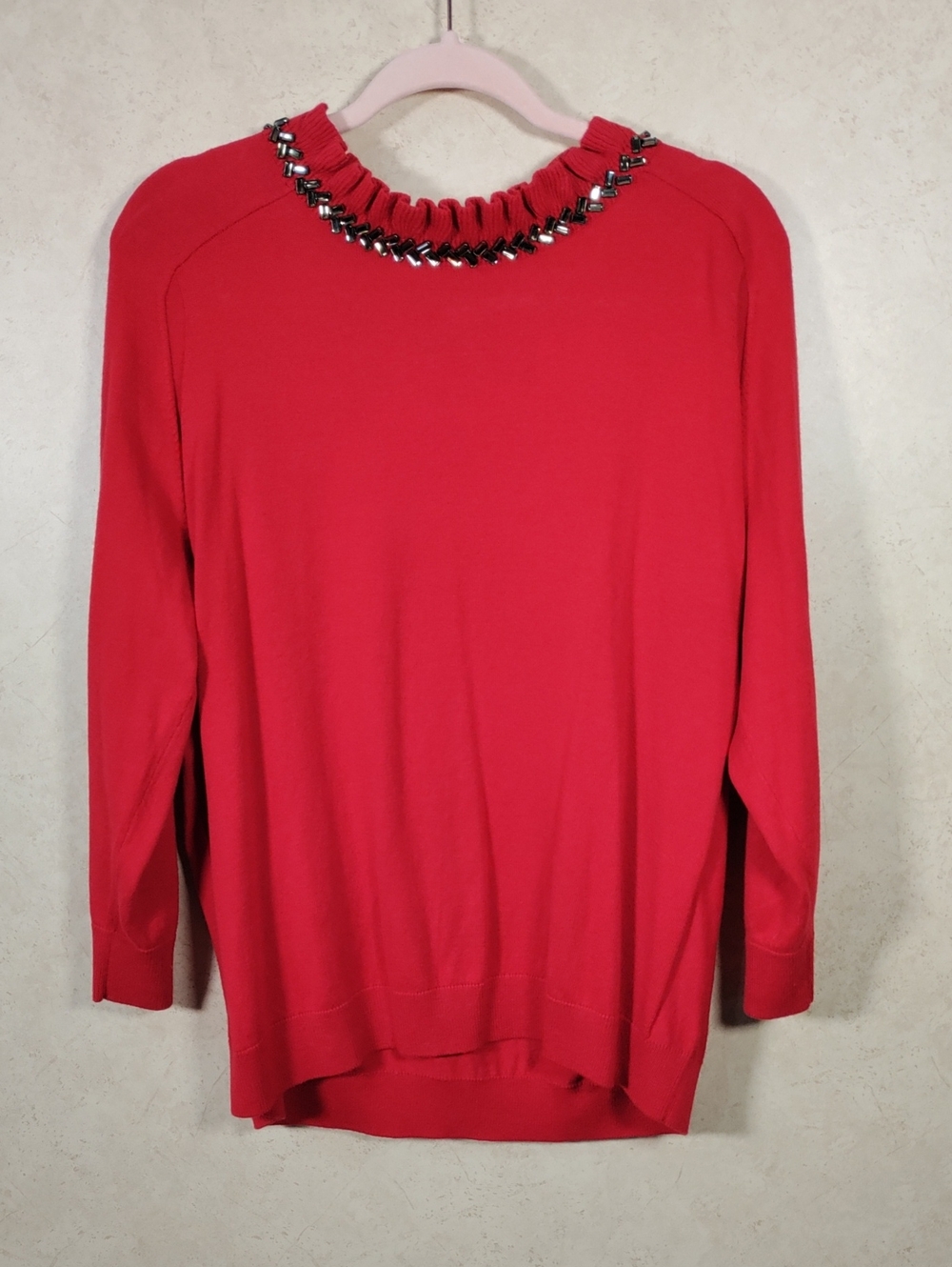 K146 RSVP By Talbots Red Sweater with Ruffled Jewel-Trimmed Neckline XL